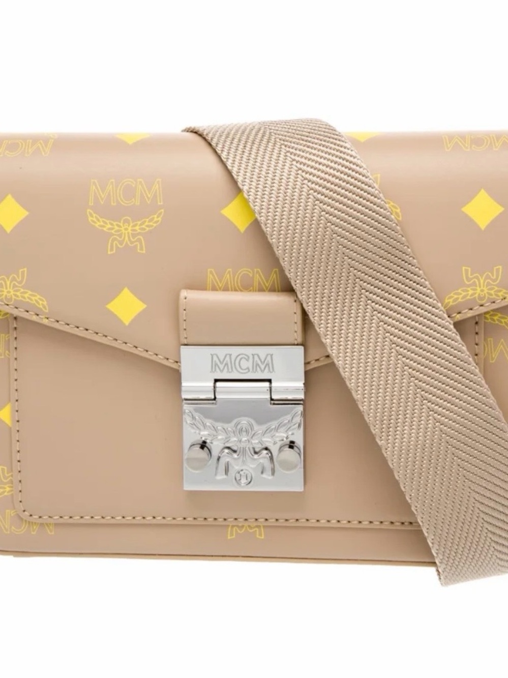 MCM Beige Crossbody Bag with Yellow Logo Print